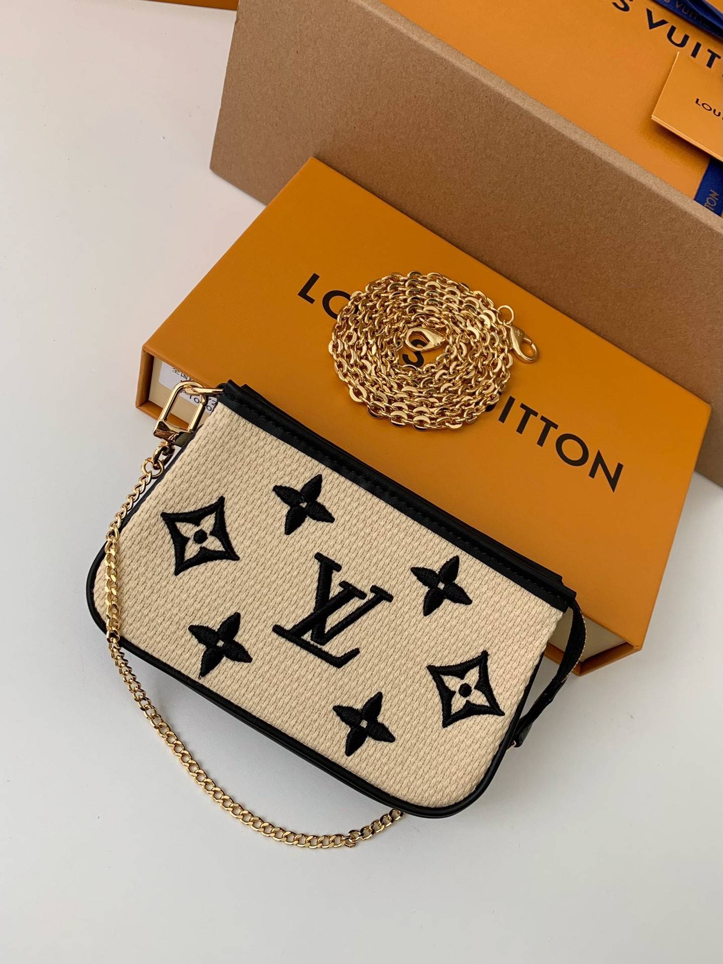 L*V New Lafite Cotton Embroidery MINI POCHETTE ACCESSOIRES Hand Chain Small Bag M82472