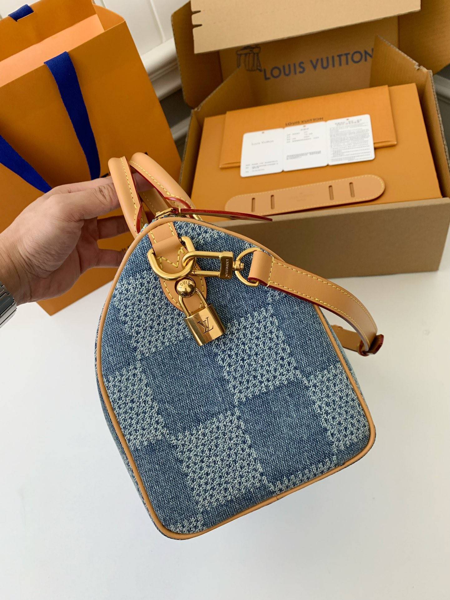 L*V The new SPEEDY 25bandouli ère tannin denim handbag  N40700  Size：25*15*15cm